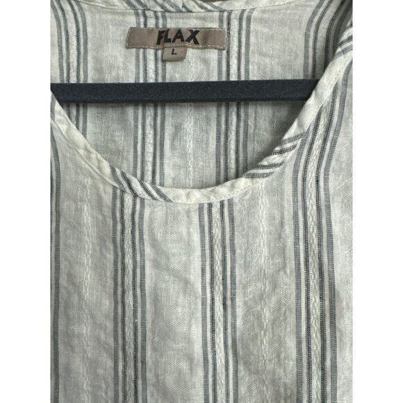 Flax Designs Linen Short Sleeve Top Size Large Striped White Blue Women's Blouse - Picture 2 of 4